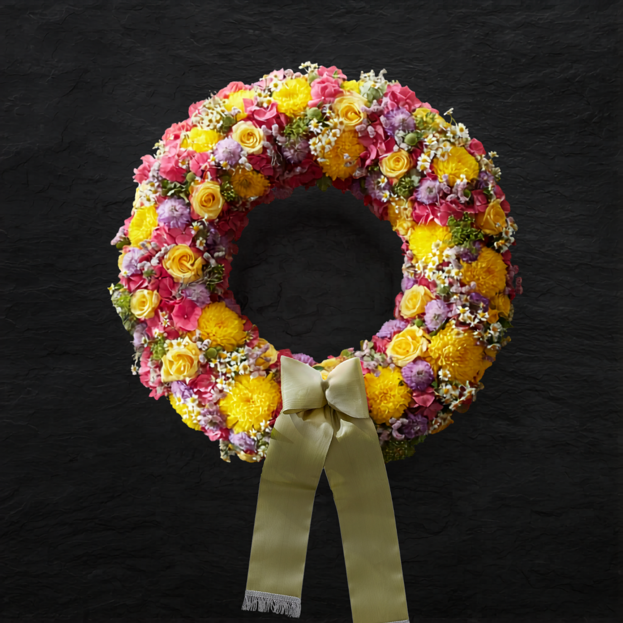 Bild 2: Gemischte Farben eignen sich sehr gut für einen Trauerkranz. Gängige Farbkombinationen sind z. B. Gelb & Orange, Gelb & Rot, Rot & Orange